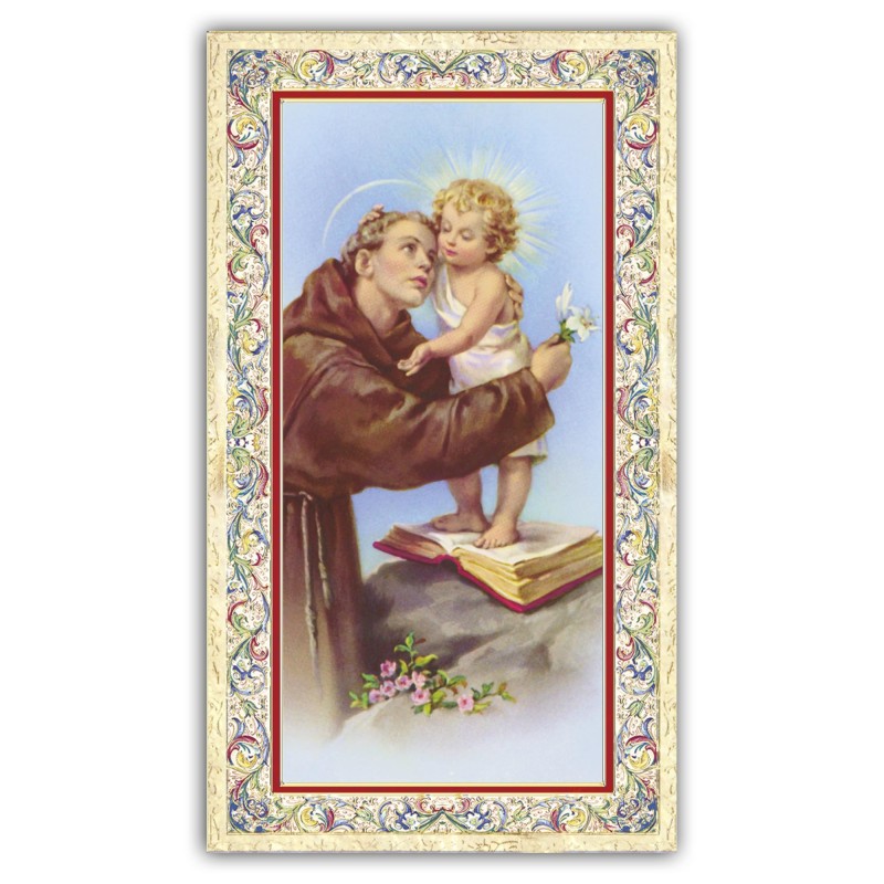 Santino Sant'Antonio da Padova con preghiera e finiture in oro a caldo Santino Sant'Antonio da Padova con preghiera e finiture in oro a caldo
