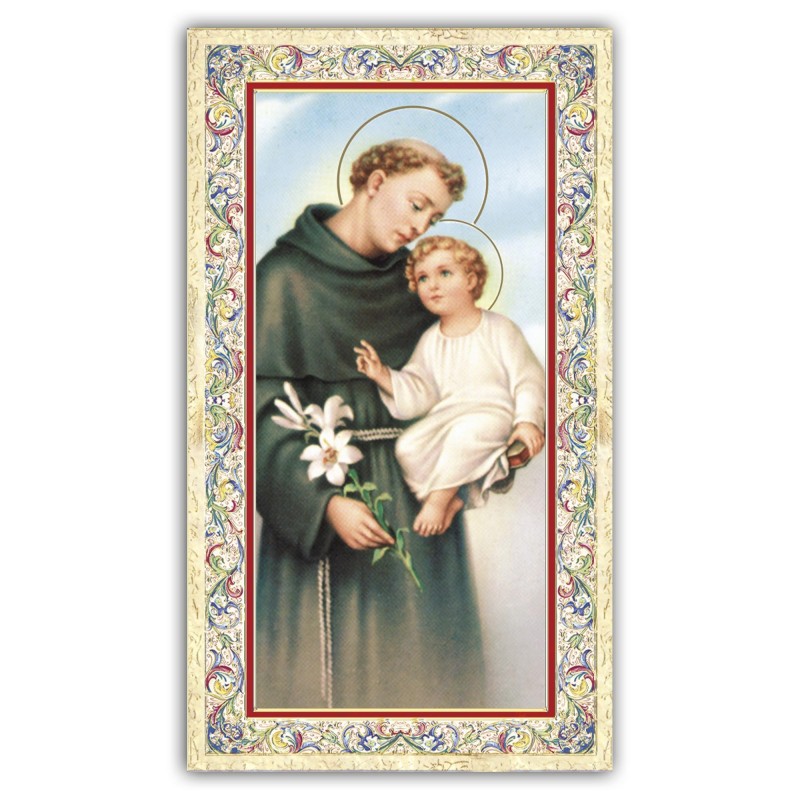 Santino Sant'Antonio da Padova con preghiera e finiture in oro a caldo Santino Sant'Antonio da Padova con preghiera e finiture in oro a caldo