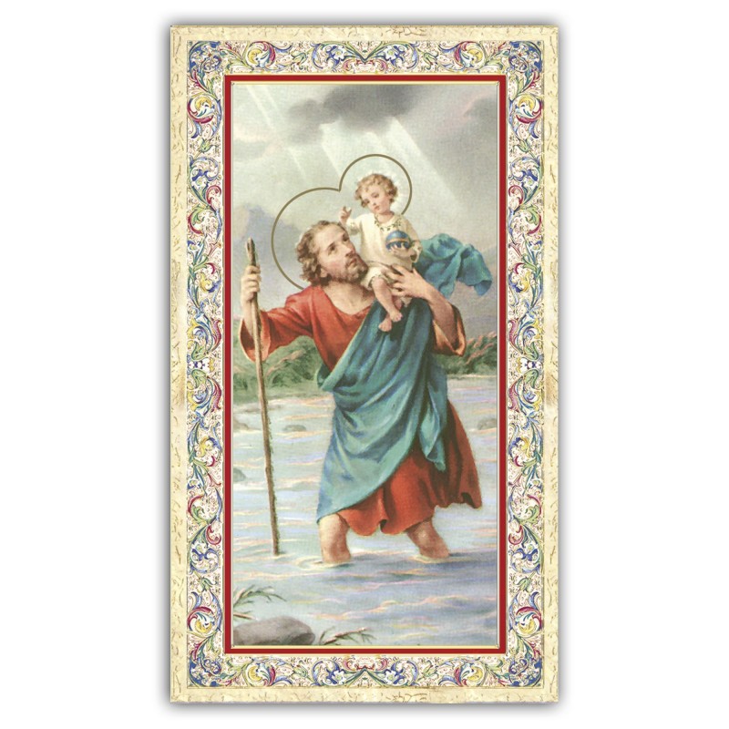 Santino San Cristoforo con preghiera e finiture in oro a caldo Santino San Cristoforo con preghiera e finiture in oro a caldo