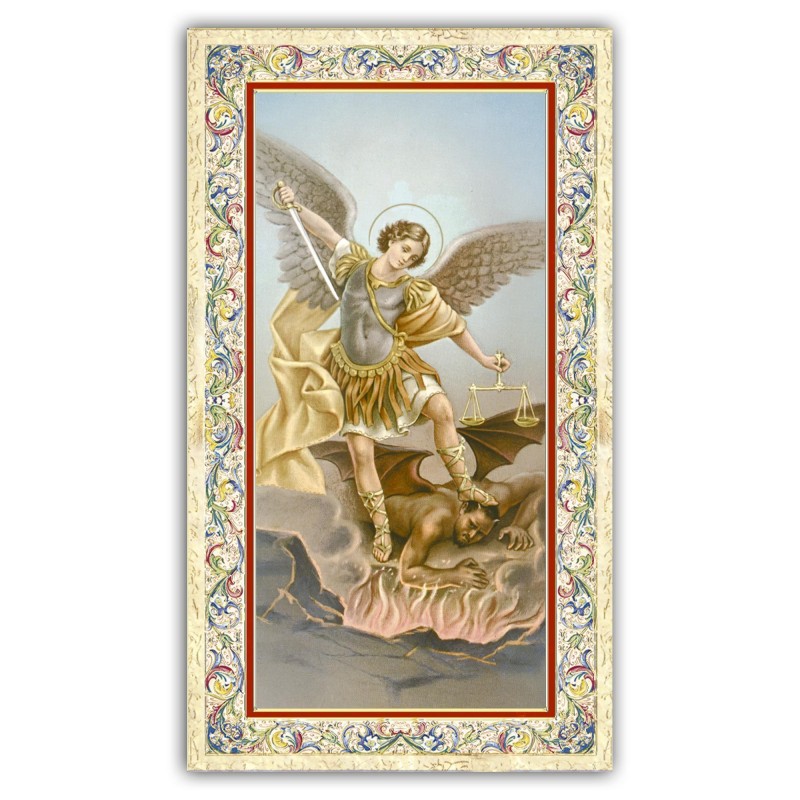 Santino San Michele Arcangelo con preghiera e finiture in oro a caldo Santino San Michele Arcangelo con preghiera e finiture in oro a caldo