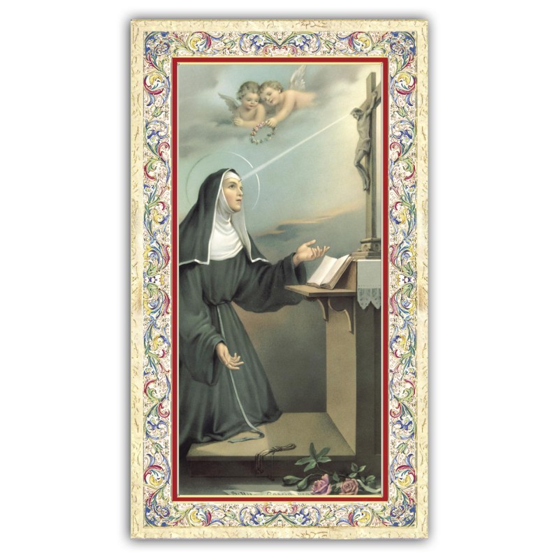 Santino Santa Rita da Cascia con preghiera e finiture in oro a caldo Santino Santa Rita da Cascia con preghiera e finiture in oro a caldo