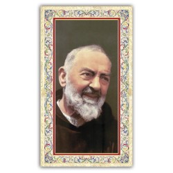 Santino Padre Pio con preghiera e finiture in oro a caldo
