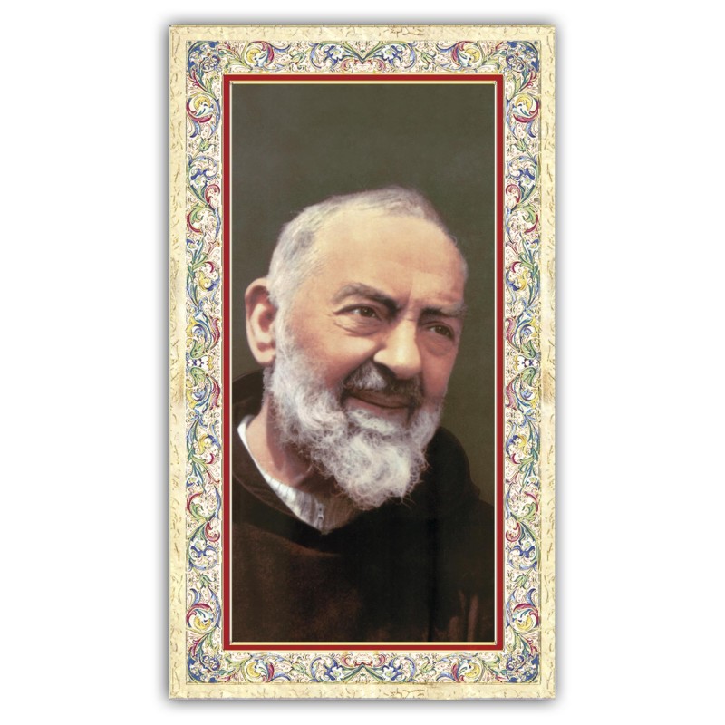 Santino Padre Pio con preghiera e finiture in oro a caldo Santino Padre Pio con preghiera e finiture in oro a caldo