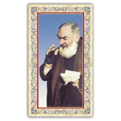 Santino Padre Pio con preghiera e finiture in oro a caldo