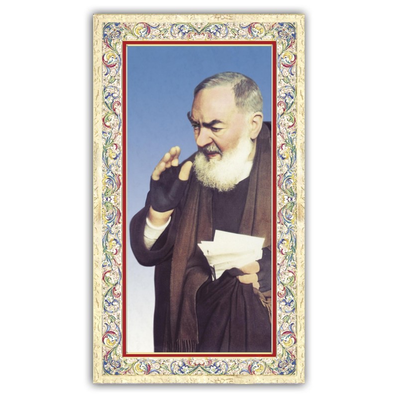 Santino Padre Pio con preghiera e finiture in oro a caldo Santino Padre Pio con preghiera e finiture in oro a caldo