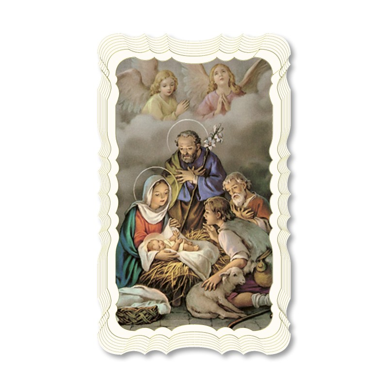 Santino in carta telata color avorio della Natività con pastori Santino in carta telata color avorio della Natività con pastori