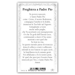 Santino Padre Pio con preghiera e finiture in oro a caldo