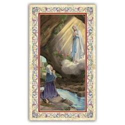 Santino Apparizione della Vergine di Lourdes a Bernadette con preghiera e finiture in oro a caldo
