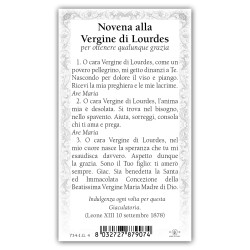 Santino Apparizione della Vergine di Lourdes a Bernadette con preghiera e finiture in oro a caldo
