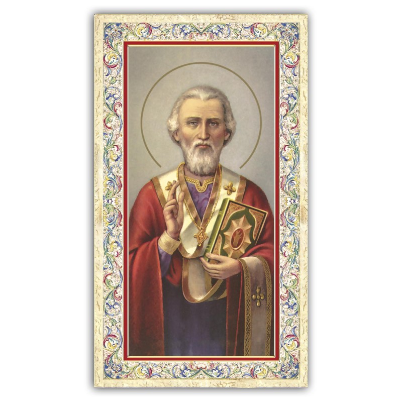 Santino San Nicola con preghiera e finiture in oro a caldo Santino San Nicola con preghiera e finiture in oro a caldo