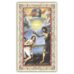 Santino San Giovanni Battista che battezza Gesù nel Giordano con preghiera e finiture in oro a caldo