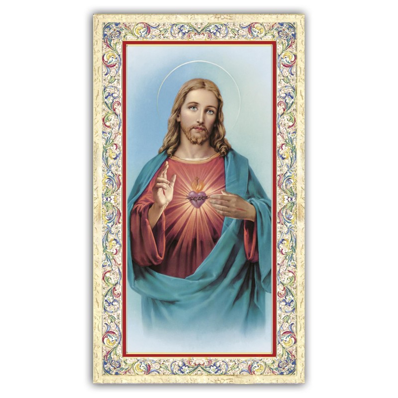 Santino Sacro Cuore di Gesù con preghiera e finiture in oro a caldo Santino Sacro Cuore di Gesù con preghiera e finiture in oro a caldo