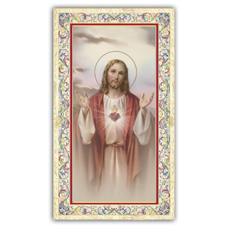 Santino Sacro Cuore di Gesù con preghiera e finiture in oro a caldo Santino Sacro Cuore di Gesù con preghiera e finiture in oro a caldo