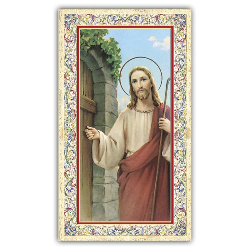 Santino Gesù bussa alla porta con preghiera e finiture in oro a caldo Santino Gesù bussa alla porta con preghiera e finiture in oro a caldo