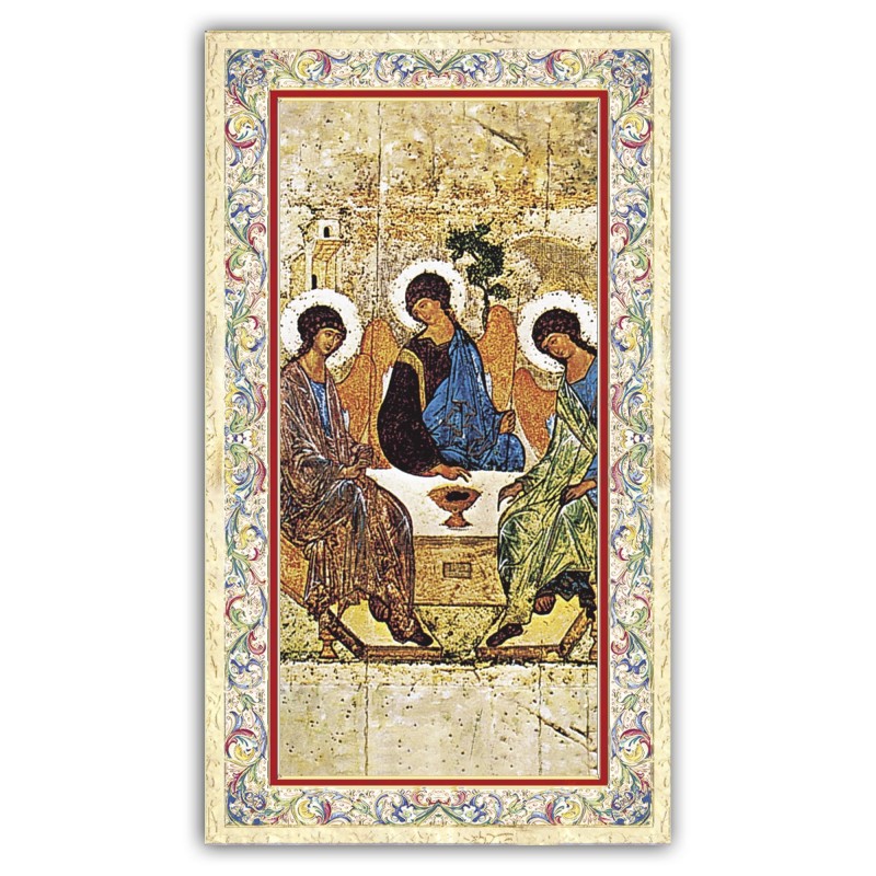 Santino icona della Trinità di Rublev con preghiera e finiture in oro a caldo Santino icona della Trinità di Rublev con preghiera e finiture in oro a caldo