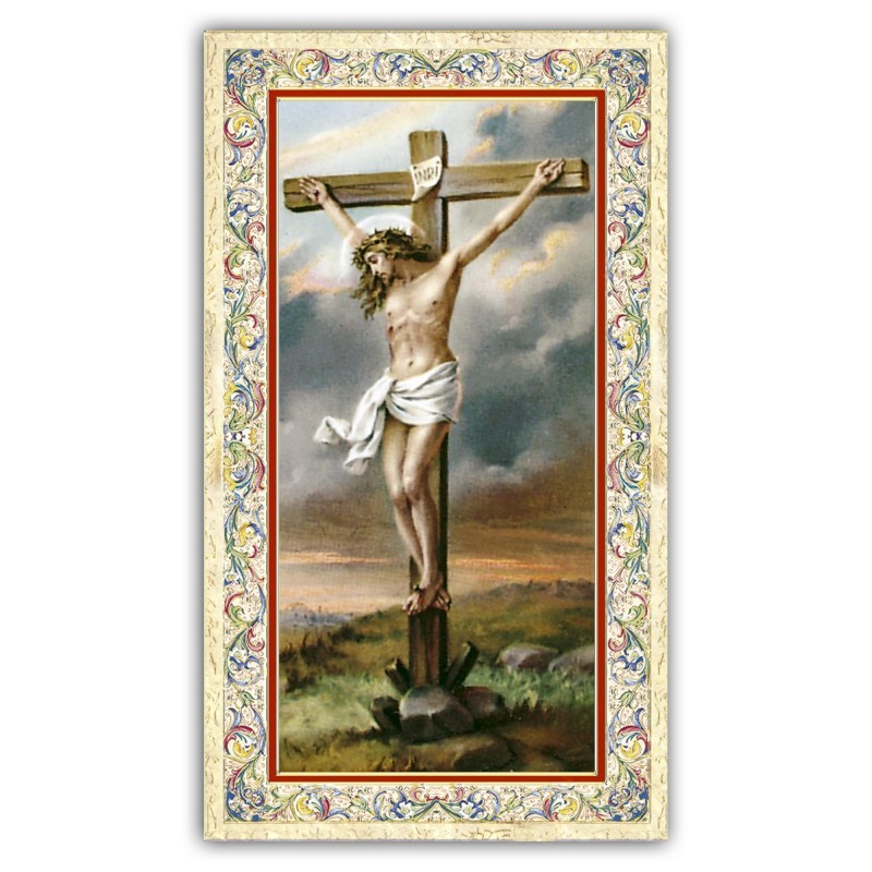 Santino Gesù crocefisso con preghiera e finiture in oro a caldo Santino Gesù crocefisso con preghiera e finiture in oro a caldo