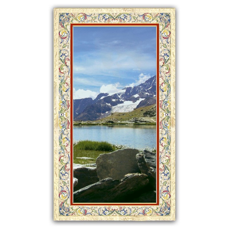 Santino con immagine di un panorama alpino con preghiera e finiture in oro a caldo Santino con immagine di un panorama alpino con preghiera e finiture in oro a caldo