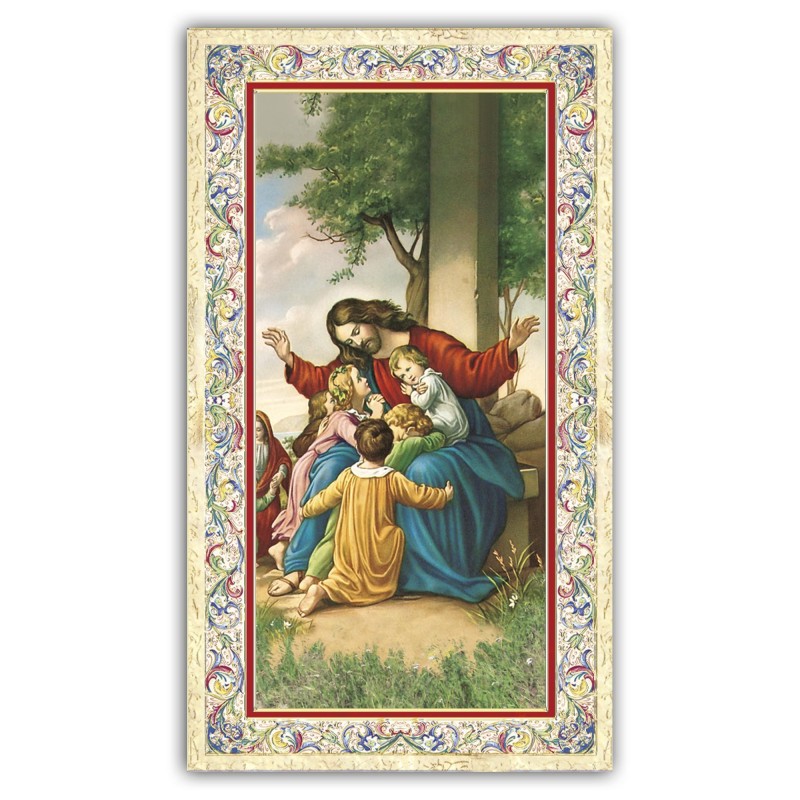 Santino Gesù con i pargoli con preghiera e finiture in oro a caldo Santino Gesù con i pargoli con preghiera e finiture in oro a caldo