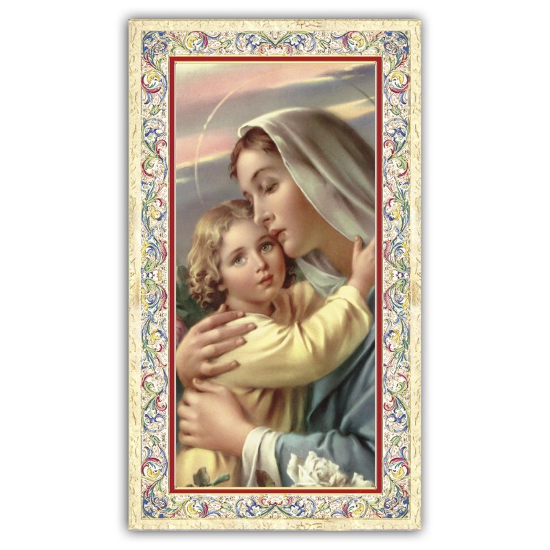 Santino Madonna con Bambino con preghiera e finiture in oro a caldo Santino Madonna con Bambino con preghiera e finiture in oro a caldo