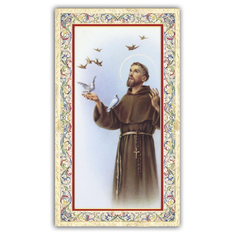 Santino San Francesco d'Assisi con preghiera e finiture in oro a caldo Santino San Francesco d'Assisi con preghiera e finiture in oro a caldo