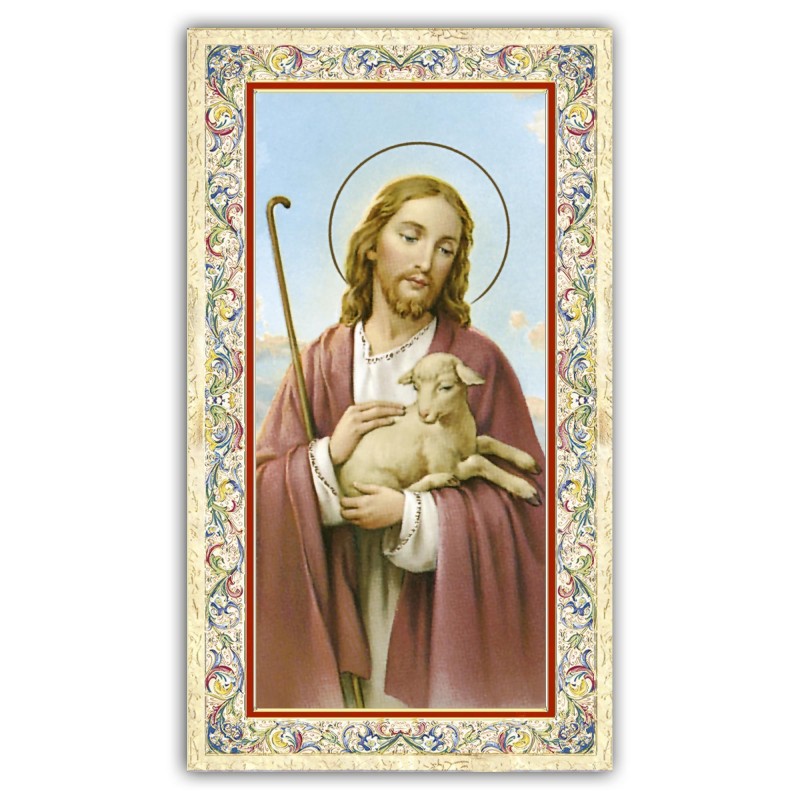 Santino Gesù Buon Pastore con preghiera e finiture in oro a caldo Santino Gesù Buon Pastore con preghiera e finiture in oro a caldo