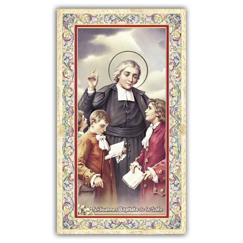 Santino San Giovanni Battista de la Salle con preghiera e finiture in oro a caldo Santino San Giovanni Battista de la Salle con preghiera e finiture in oro a caldo