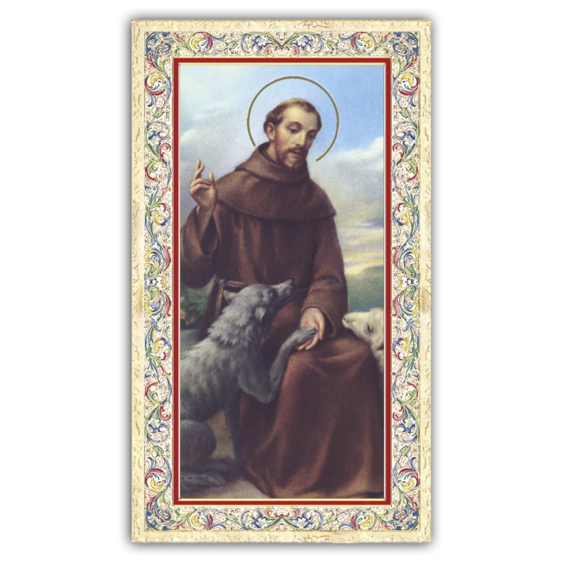 Santino San Francesco d'Assisi con il lupo con preghiera e finiture in oro a caldo Santino San Francesco d'Assisi con il lupo con preghiera e finiture in oro a caldo