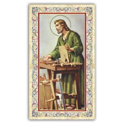 Santino San Giuseppe al banco di lavoro con preghiera e finiture in oro a caldo