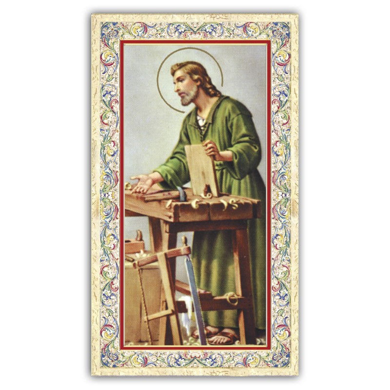 Santino San Giuseppe al banco di lavoro con preghiera e finiture in oro a caldo Santino San Giuseppe al banco di lavoro con preghiera e finiture in oro a caldo