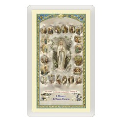 Santino Plastificato Madonna del Rosario con le miniature dei 20 Misteri con preghiera a colori