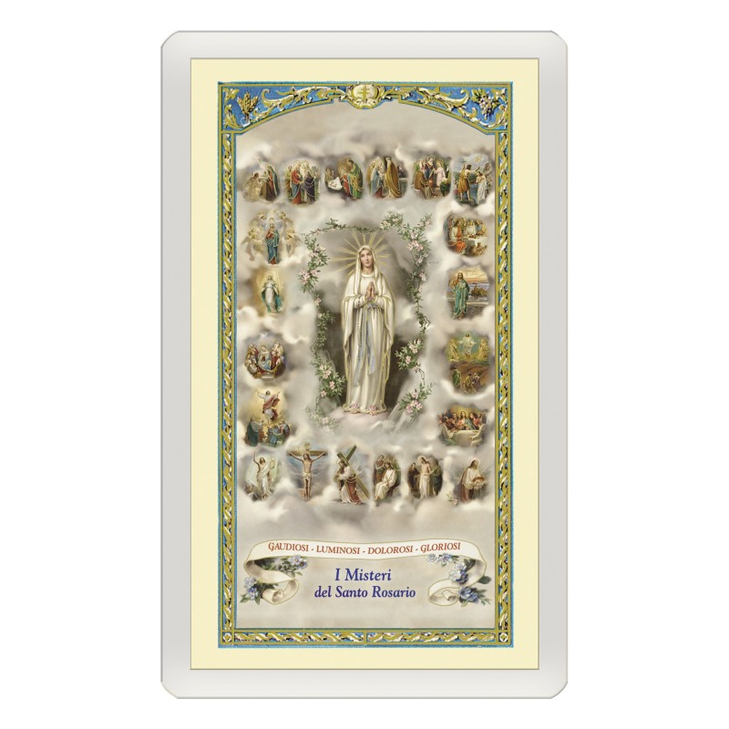 Santino Plastificato Madonna del Rosario con le miniature dei 20 Misteri con preghiera a colori Santino Plastificato Madonna del Rosario con le miniature dei 20 Misteri con preghiera a colori