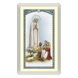 Santino Plastificato Madonna di Fatima con i tre pastorelli con preghiera a colori
