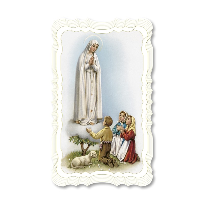 Santino della Madonna di Fatima. Stampato in carta pregiata con oro a caldo e preghiera a retro Santino della Madonna di Fatima. Stampato in carta pregiata con oro a caldo e preghiera a retro