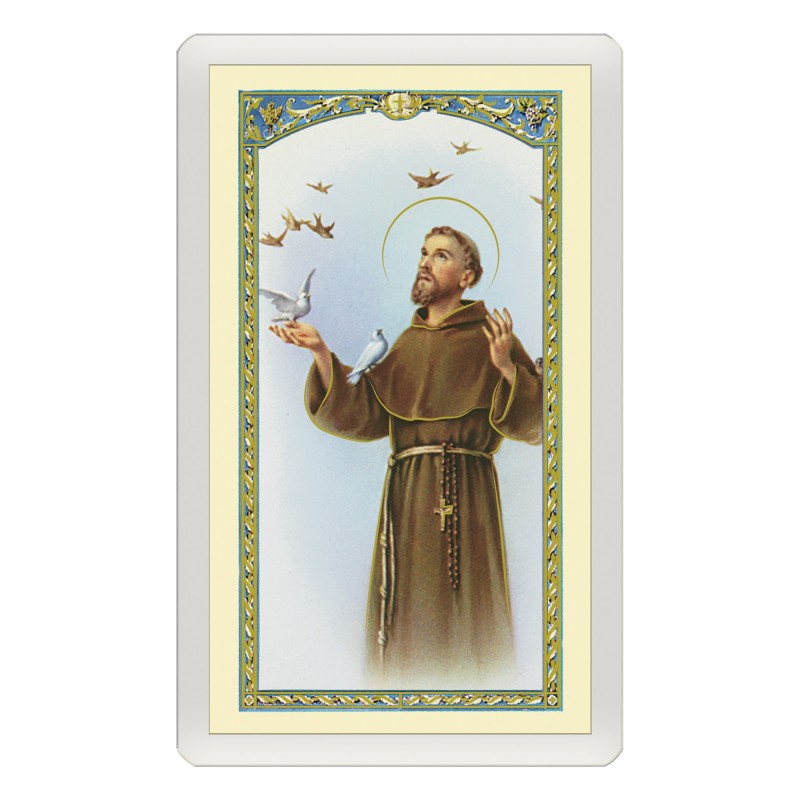 Santino Plastificato San Francesco d'Assisi circondato dagli animali con preghiera a colori Santino Plastificato San Francesco d'Assisi circondato dagli animali con preghiera a colori