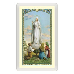 Santino Plastificato Madonna di Fatima con i tre pastorelli con preghiera a colori