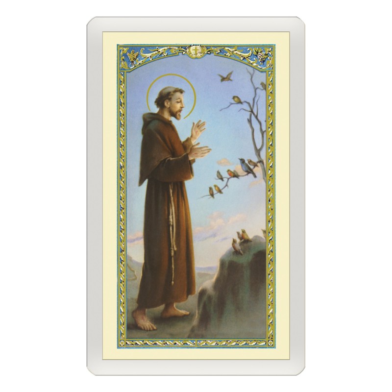 Santino Plastificato San Francesco che predica agli uccelli con preghiera a colori Santino Plastificato San Francesco che predica agli uccelli con preghiera a colori