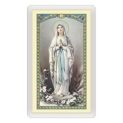 Santino Plastificato Apparizione della Vergine di Lourdes a Bernadette con preghiera a colori