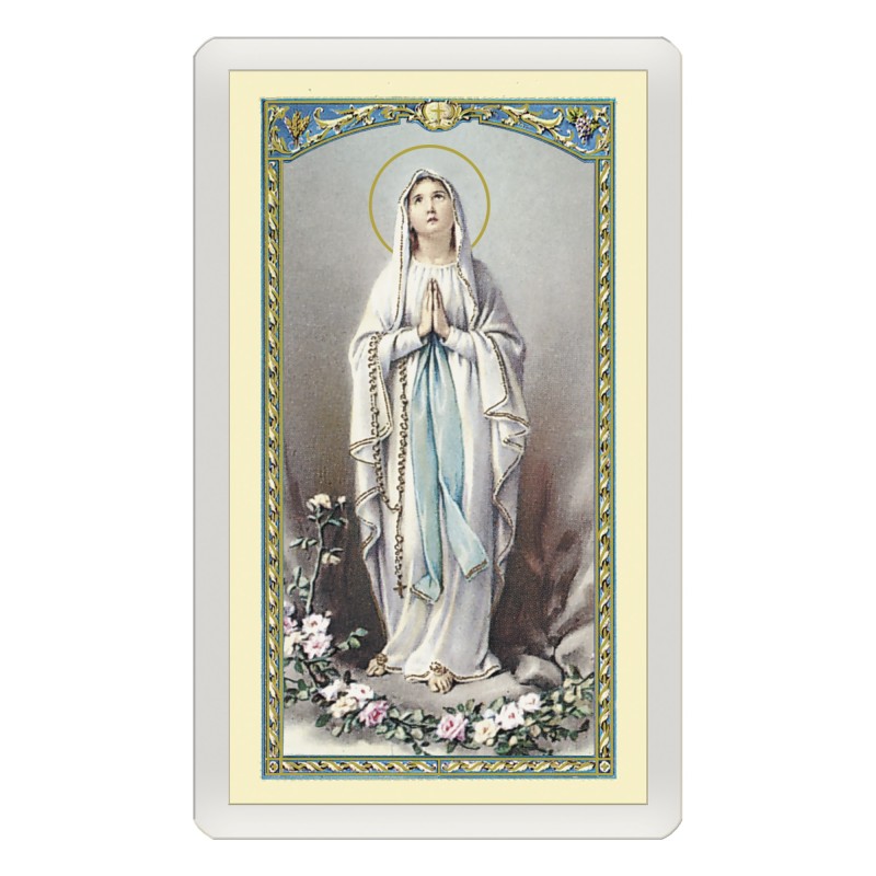Santino Plastificato Apparizione della Vergine di Lourdes a Bernadette con preghiera a colori Santino Plastificato Apparizione della Vergine di Lourdes a Bernadette con preghiera a colori