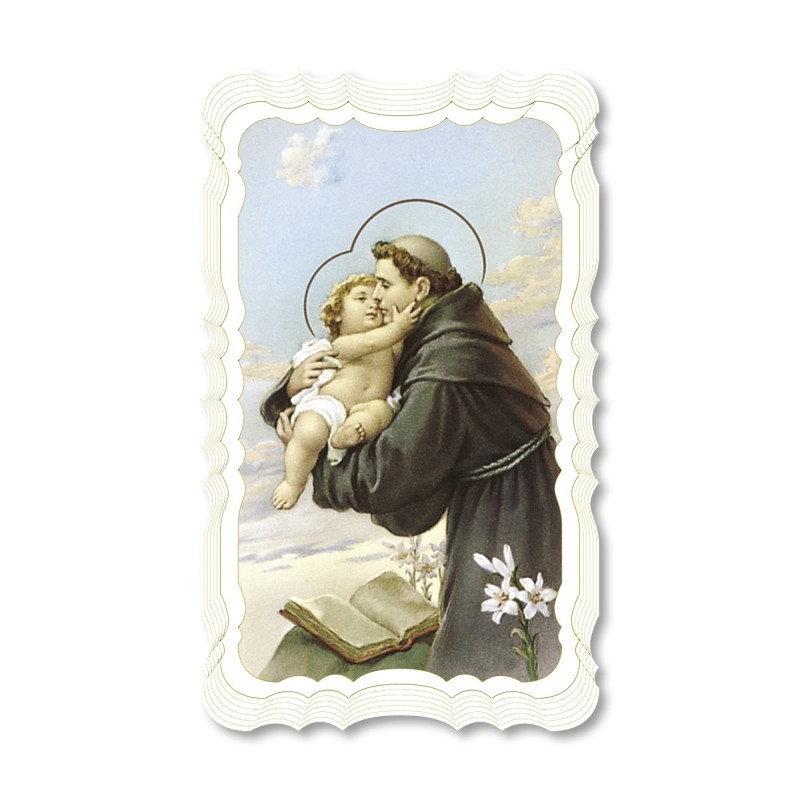 Santino di Sant'Antonio da Padova. Stampato in carta pregiata con oro a caldo e preghiera a retro Santino di Sant'Antonio da Padova. Stampato in carta pregiata con oro a caldo e preghiera a retro