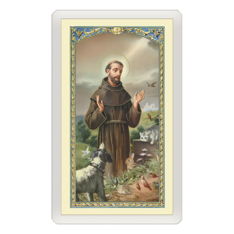 Santino Plastificato San Francesco d'Assisi con il lupo con preghiera a colori Santino Plastificato San Francesco d'Assisi con il lupo con preghiera a colori