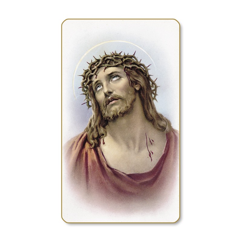 Santino dal bordo dorato dell'Ecce Homo in un delicato sfondo azzurro Santino dal bordo dorato dell'Ecce Homo in un delicato sfondo azzurro