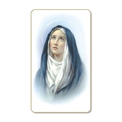 Santino dal bordo dorato della Madonna Addolorata in un delicato sfondo azzurro