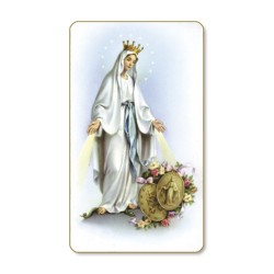 Santino dal bordo dorato della Madonna Miracolosa con Medaglie in un delicato sfondo azzurro
