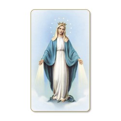 Santino dal bordo dorato della Madonna Miracolosa in un delicato sfondo azzurro