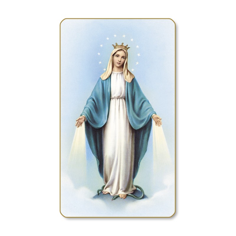 Santino dal bordo dorato della Madonna Miracolosa in un delicato sfondo azzurro Santino dal bordo dorato della Madonna Miracolosa in un delicato sfondo azzurro