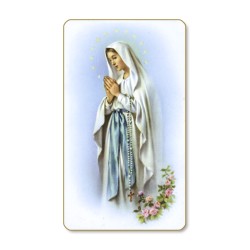 Santino dal bordo dorato della Madonna di Lourdes in un delicato sfondo azzurro
