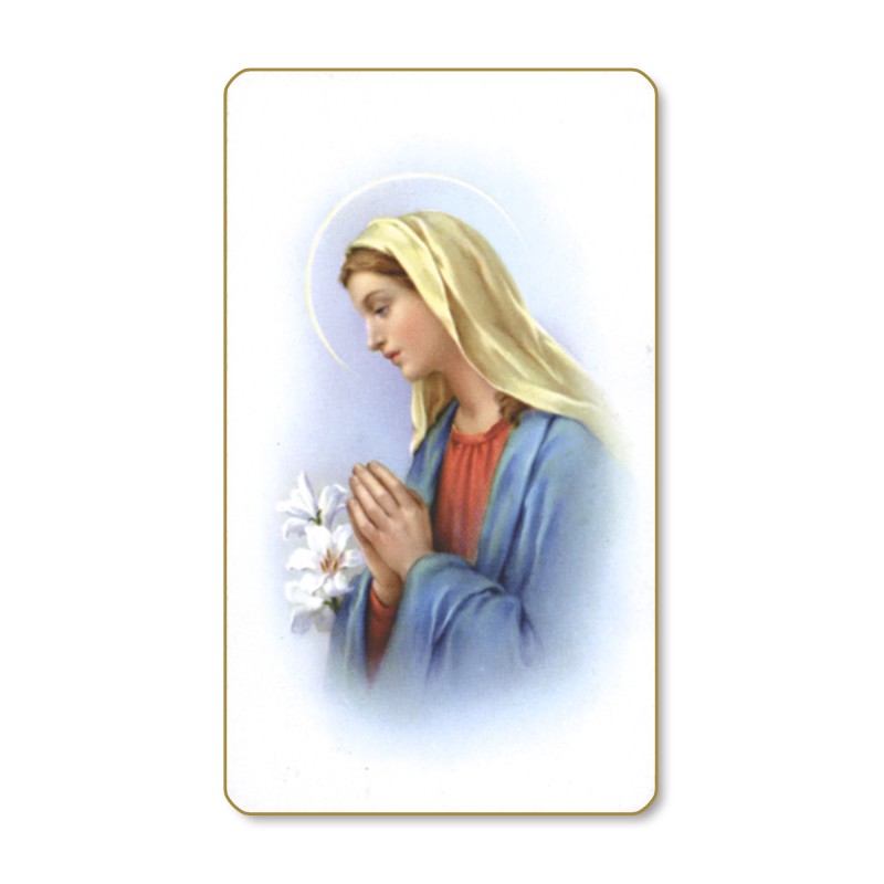 Santino dal bordo dorato della Madonna in Preghiera in un delicato sfondo azzurro Santino dal bordo dorato della Madonna in Preghiera in un delicato sfondo azzurro