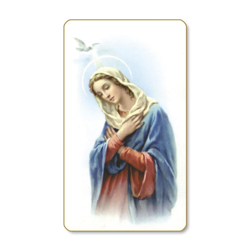 Santino dal bordo dorato dell'Annunciazione in un delicato sfondo azzurro Santino dal bordo dorato dell'Annunciazione in un delicato sfondo azzurro