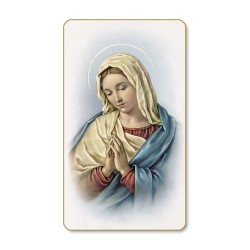 Santino dal bordo dorato della Madonna in preghiera in un delicato sfondo azzurro