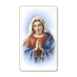 Santino dal bordo dorato della Madonna in preghiera in un delicato sfondo azzurro